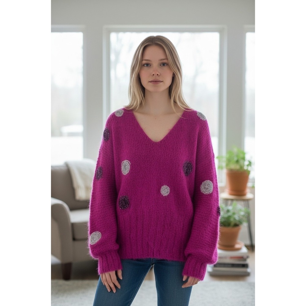 Balzac Italy Magenta Super Kid Mohair V-Neck Polka‎ Dot Sweater IT 42 Vintage